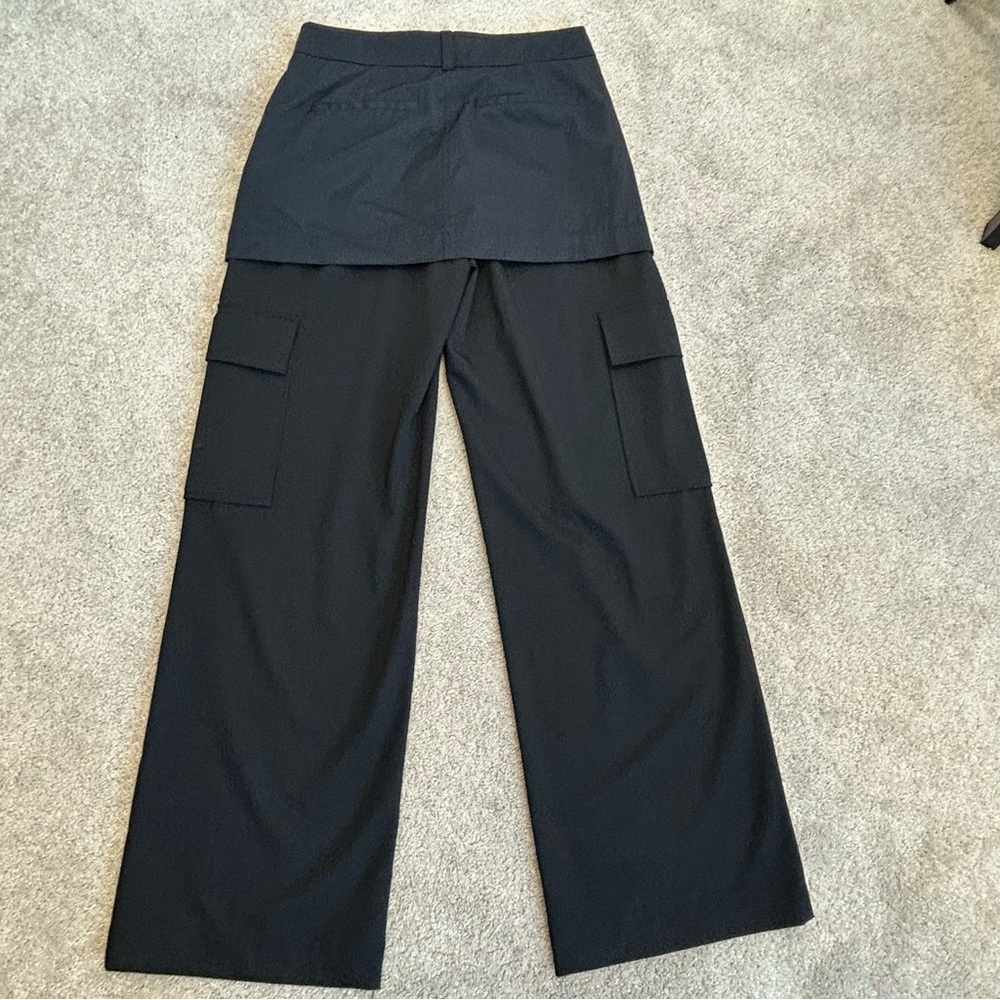 Zara black mini skirt over trouser pants zipper front Sz XS NWOT new without tag - Picture 3 of 11